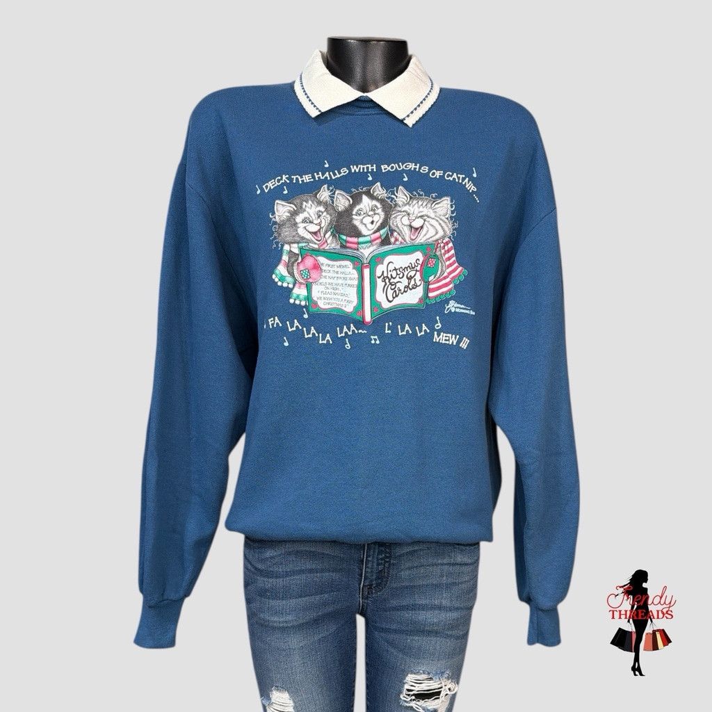 Vintage 80s 90s VTG Kitty Cat Christmas Graphic Whimsical Sweater Sw Size L / US 10 / IT 46 - 1 Thumbnail
