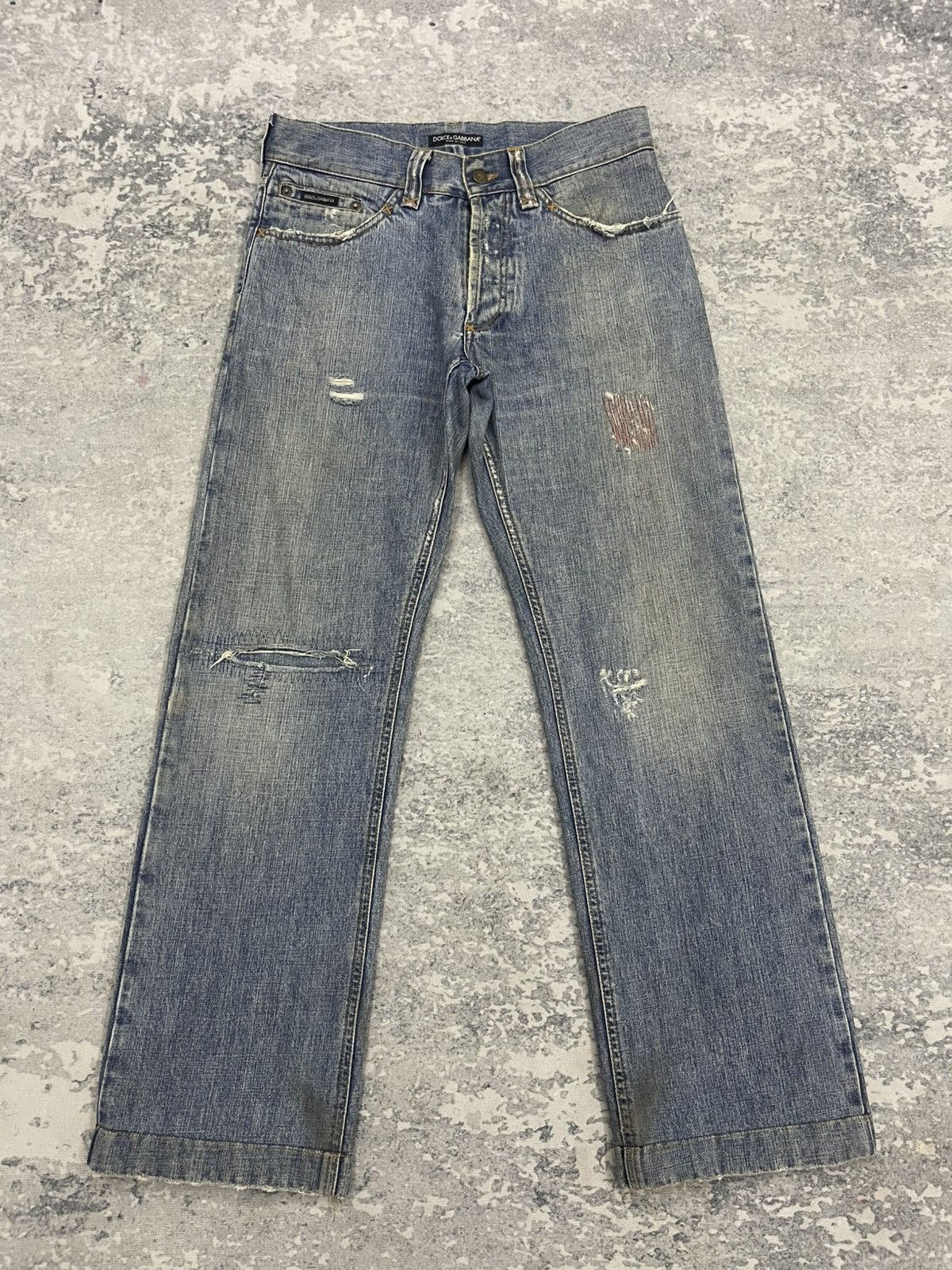 Pre-owned Dolce & Gabbana Fly Button Ripped Sun Faded Jeans S21 In Blue