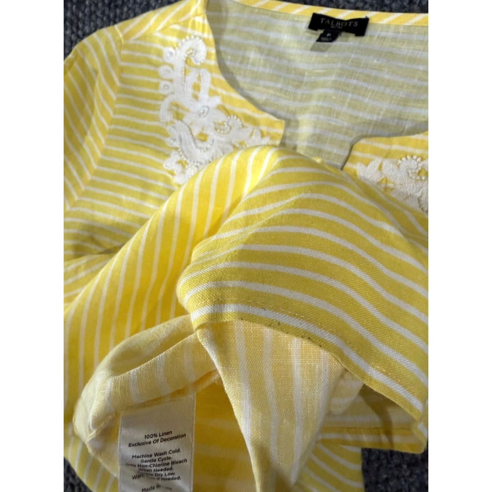 Talbots Talbots Blouse Womens Petite P Yellow White Striped Linen Embroidered Long Sleeve V-Neck Casual Workwear Size XXS / US 00 / IT 34 - 6 Thumbnail