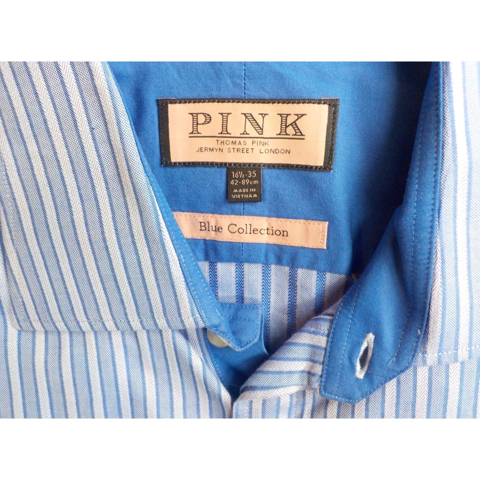 Vintage PINK by Thomas Pink Striped Dress Shirt Blue 161/2-35 French Cuff Spread Collar, 100% Cotton, Regular Fit, Dress Shirt, Size 16 1/2 Size 42R - 3 Thumbnail