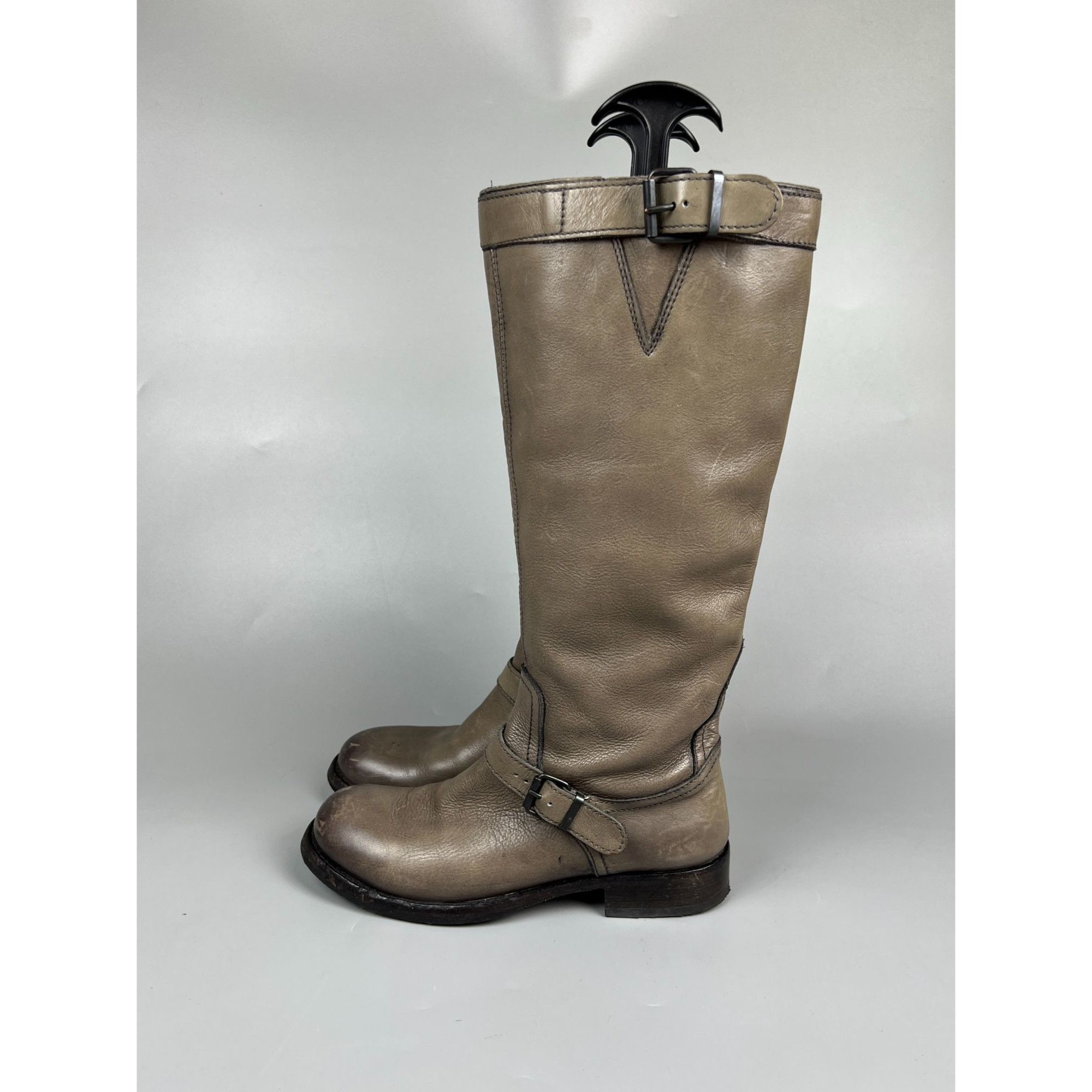 MoMA Moma Gray Leather Knee High Combat Boots (Y1007) Size US 7 / IT 37 - 8 Thumbnail