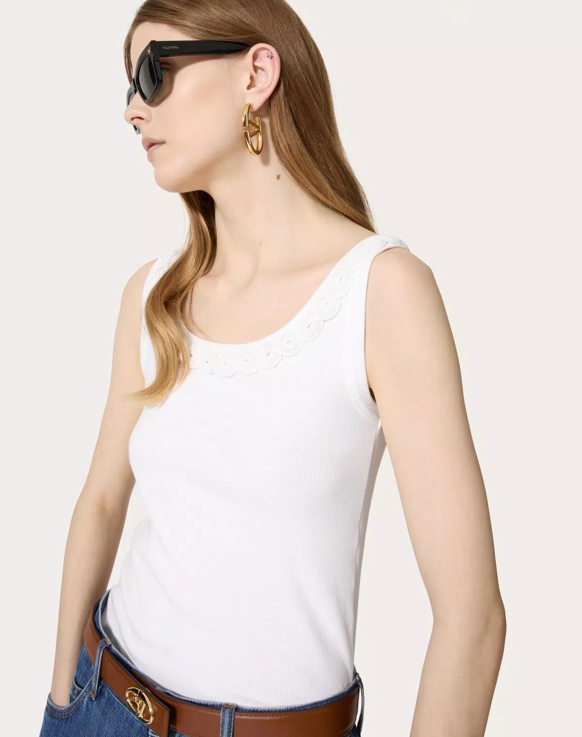 Valentino o1s1wg110426 Embroidered Cotton Rib Top in White Size L / US 10 / IT 46 - 5 Thumbnail