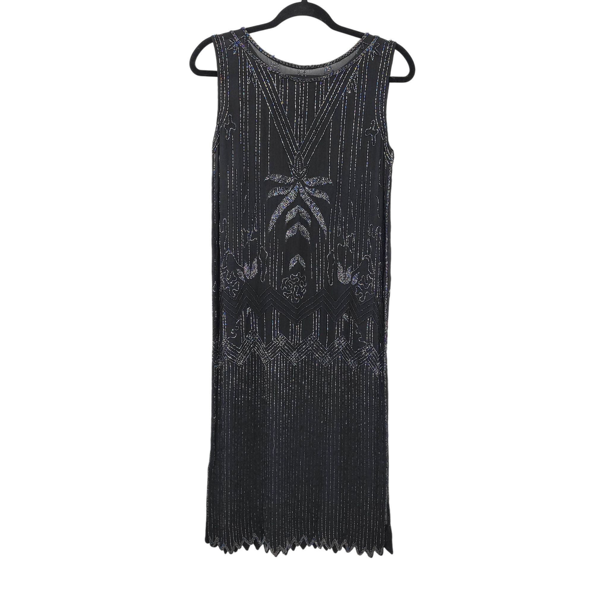 Vintage Vtg 80s Does 20s Black Oil Slick Beaded Silk Flapper Dress S Size M / US 6-8 / IT 42-44 - 7 Thumbnail