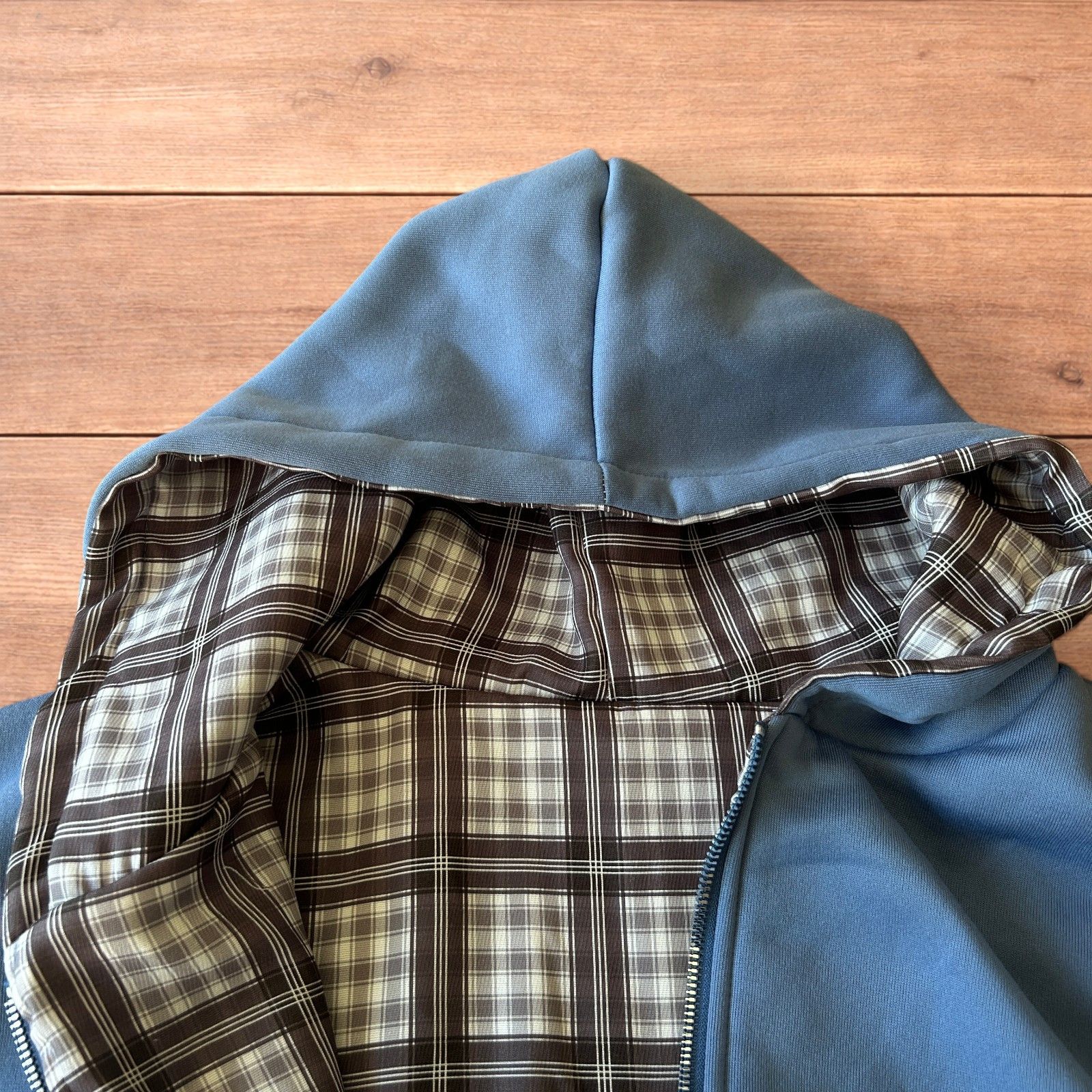 Japanese Brand Oversized baggy reversible zip up hoodie in checkered navy. Size US L / EU 52-54 / 3 - 5 Thumbnail