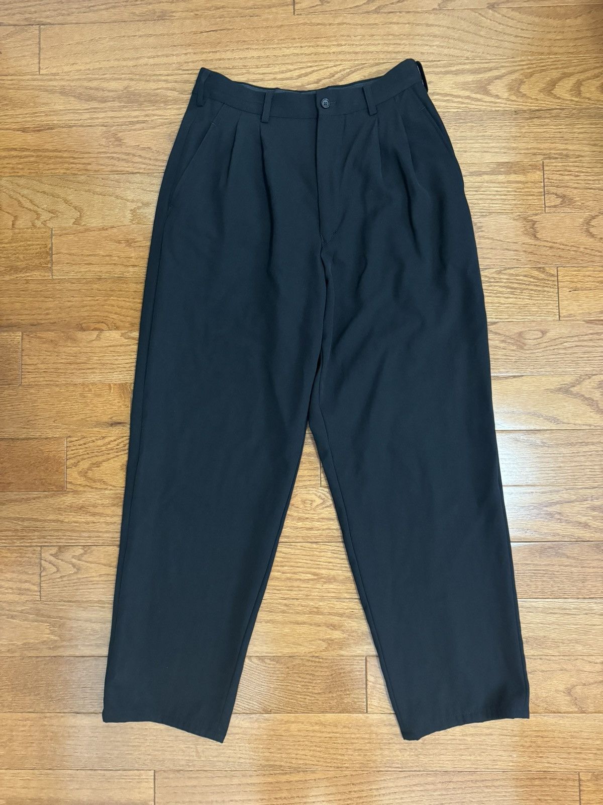 image of Yohji Yamamoto Wool Gabardine Two Tuck Tapered Pants in Black, Men's (Size 29)