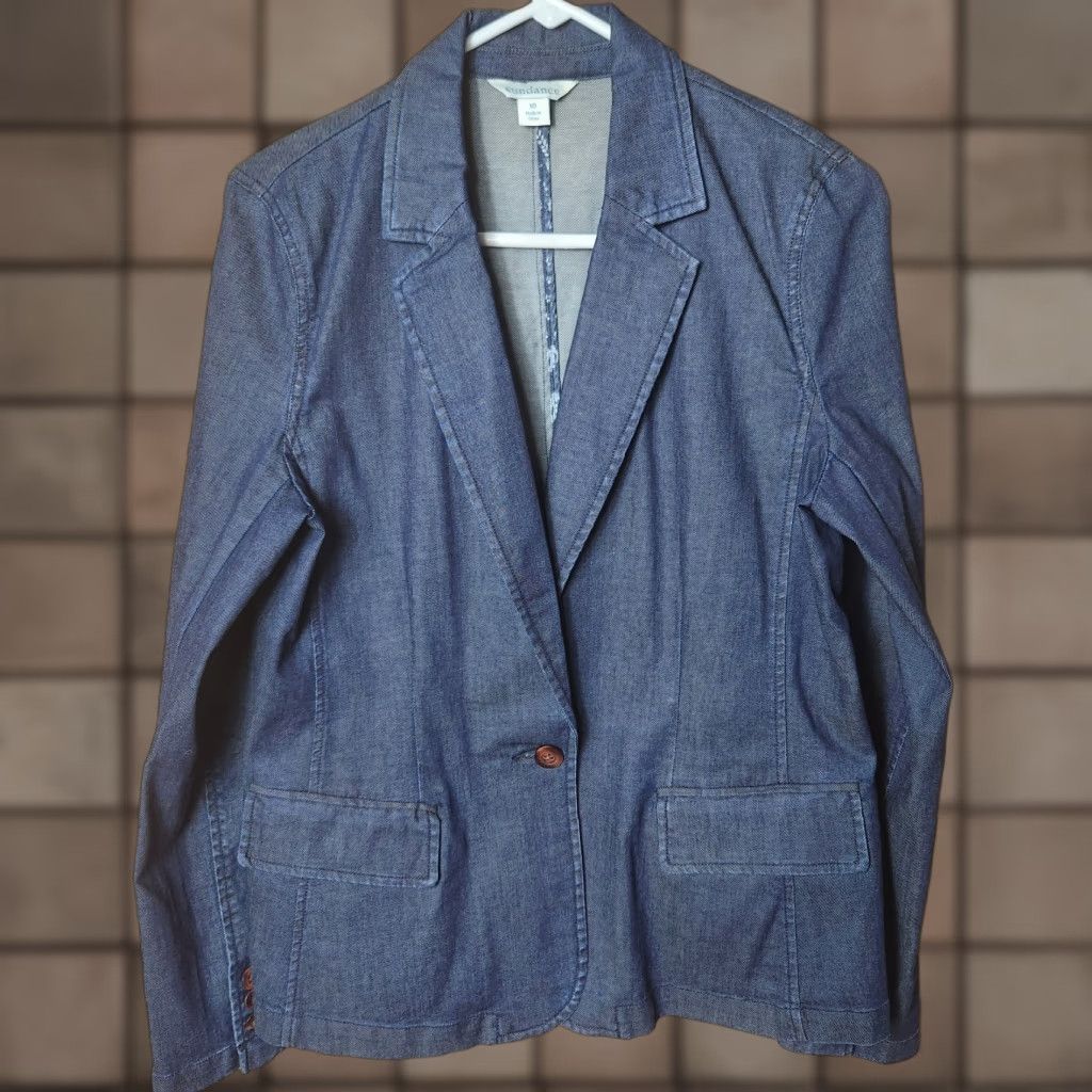 Vintage Sundance Tania Denim Dark Wash One Button Blazer-Size 10 Womens Blazer Denim Blue Bohemian Western Vintage-Style Jacket with Pockets Surgeon Cuffs Size L / US 10 / IT 46 - 1 Thumbnail