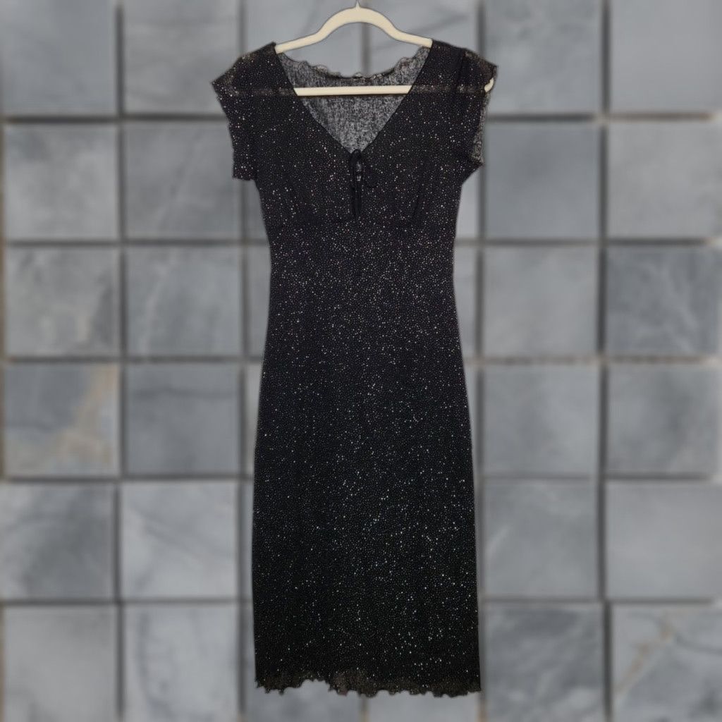 VINTAGE Express Black Midi Dress Small Women Autumn 90s Y2K Sundress Witchy Sparkle Fall