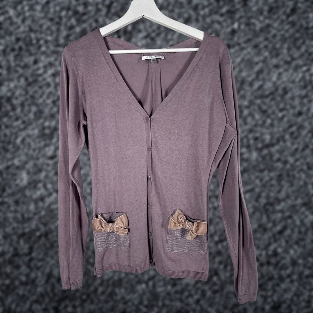 Vintage Cabi Womens Button Front Cardigan Sweater Large Lavender Pockets with Bow Accents Cardigan L Purple Womens Size L / US 10 / IT 46 - 1 Thumbnail