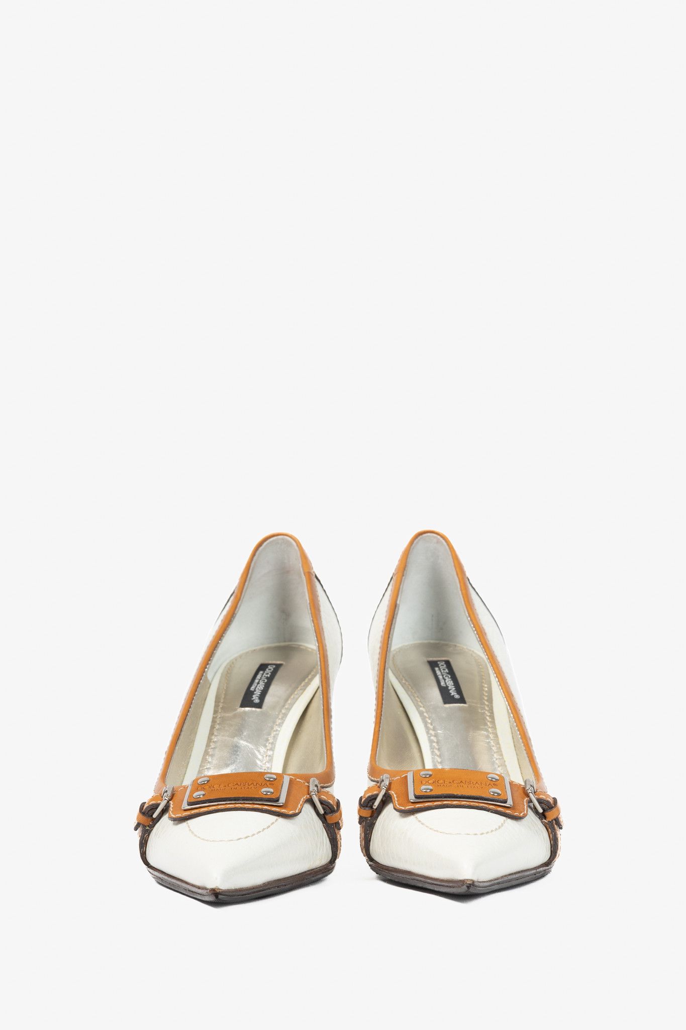 Dolce & Gabbana Dolce & Gabbana White & Cognac Logo-Plate Pumps Size US 7.5 / IT 37.5 - 2 Thumbnail