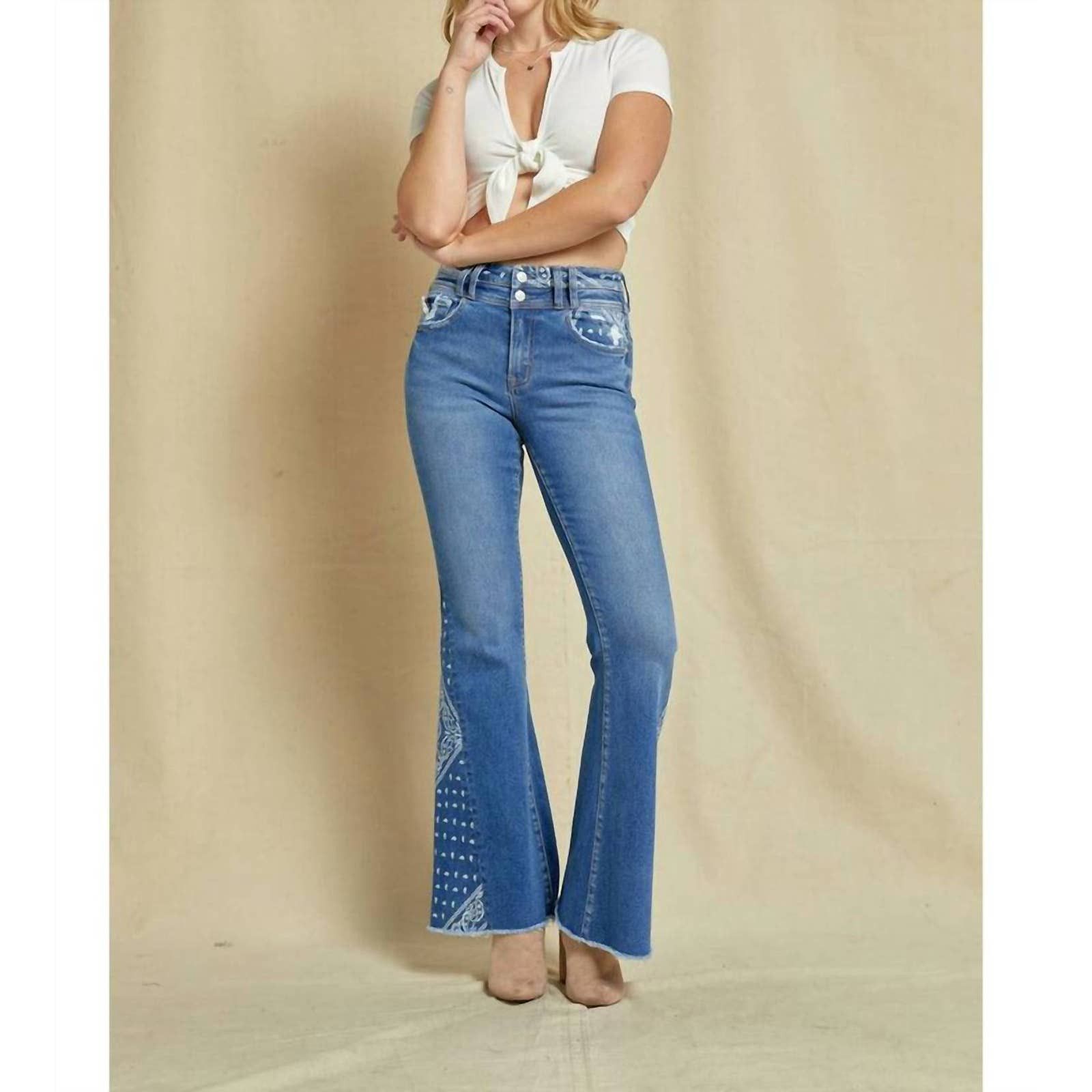 Ladies Mica Denim Super High-Rise Flare Jeans with Double Button - Blue Mint