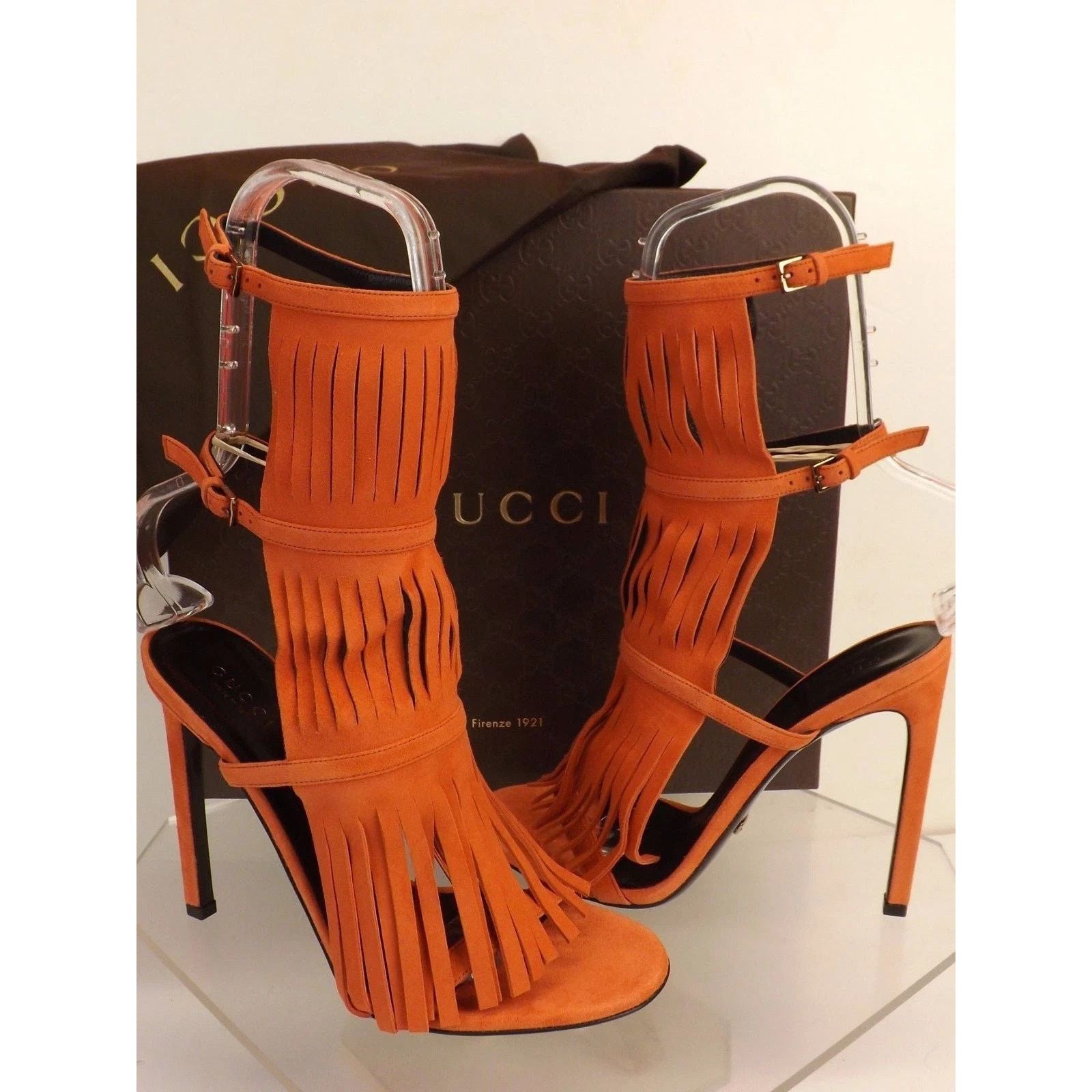 Gucci GUCCI ORANGE SUEDE FRINGE GLADIATOR SANDALS PUMPS 36.5 ITALY Size US 6.5 / IT 36.5 - 1 Thumbnail