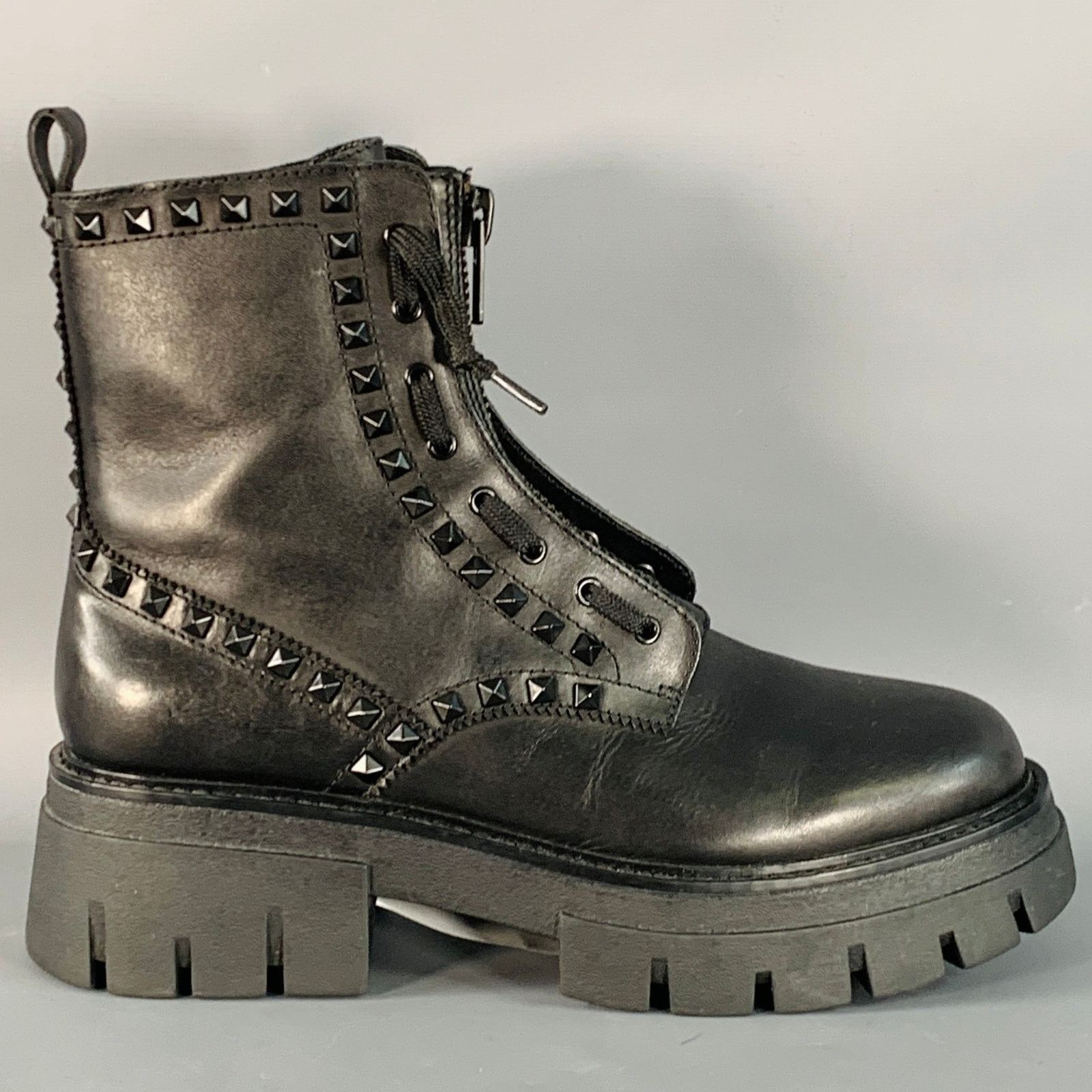 ASH Lynch Studs Black Studded Leather Lug Sole Zip Up Combat Size US 10 / IT 40 - 2 Thumbnail