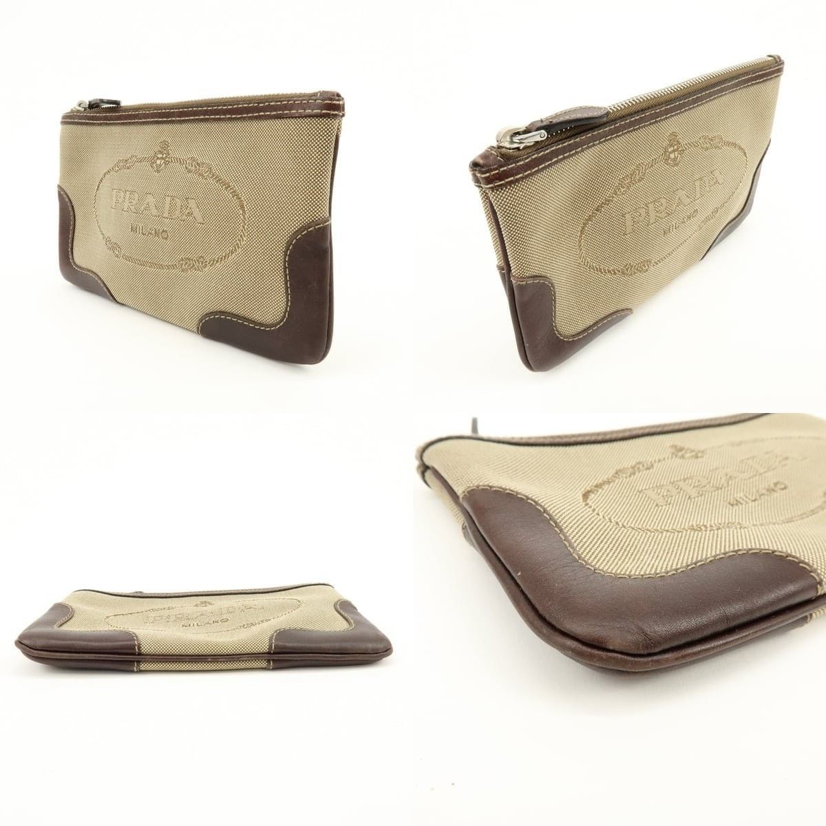 Prada Prada Logo Jacquard Leather Cosmetic Pouch Tan Size ONE SIZE - 3 Thumbnail