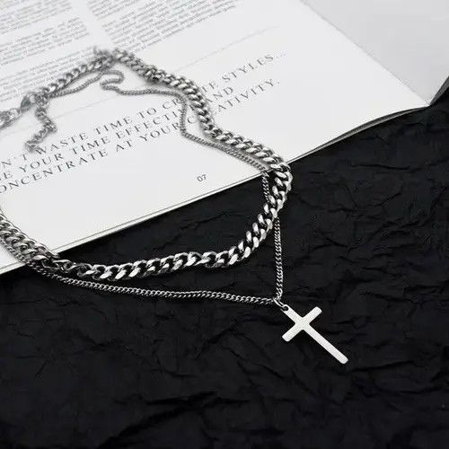 Designer × Jewelry Titanium Steel Layered Cross Pendant Necklace for Men Women Size ONE SIZE - 4 Thumbnail