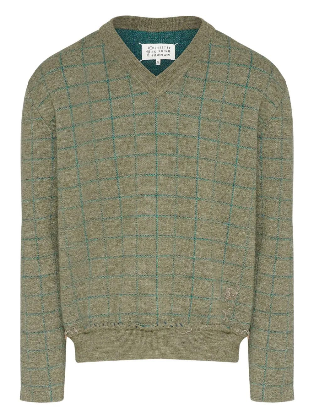 Maison Margiela o1w1db10526 V-neck Grid-pattern Wool Sweater in Olive Green Size US XL / EU 56 / 4 - 1 Thumbnail