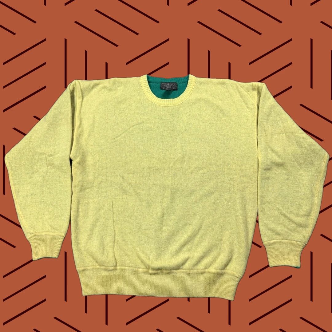 Lord & Taylor Vintage Lord & Taylor Men's Double Layer Waffle-Knit Cashmere Sweater XL Yellow Teal 90s Preppy Pullover Size US XL / EU 56 / 4 - 1 Thumbnail