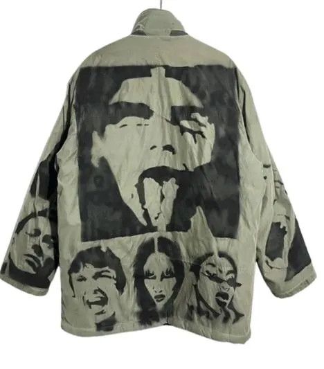 Vintage Avant Garde Khaki Jacket, Quirky Faces Print Y2K Unisex Size XL / US 12-14 / IT 48-50 - 1 Thumbnail