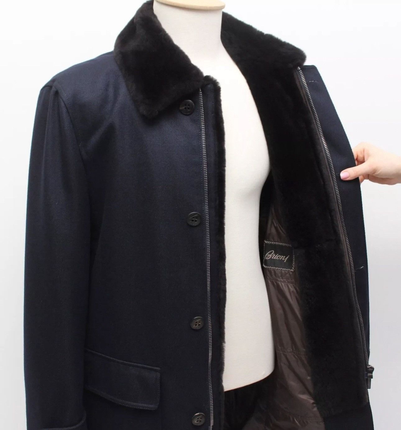 Brioni BRIONI Luxury Wool Long Navy Fur Collar Coat Overcoat fit XL Size US XL / EU 56 / 4 - 8 Thumbnail