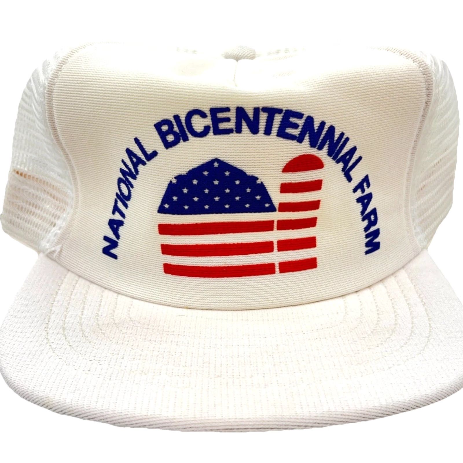 Vintage VINTAGE National Bicentennial Farm Trucker Hat Cap Made In USA White Cotton Twill Adjustable Breathable 80s 90s American Outdoor Logo Classic Mens Cap Size ONE SIZE - 2 Thumbnail