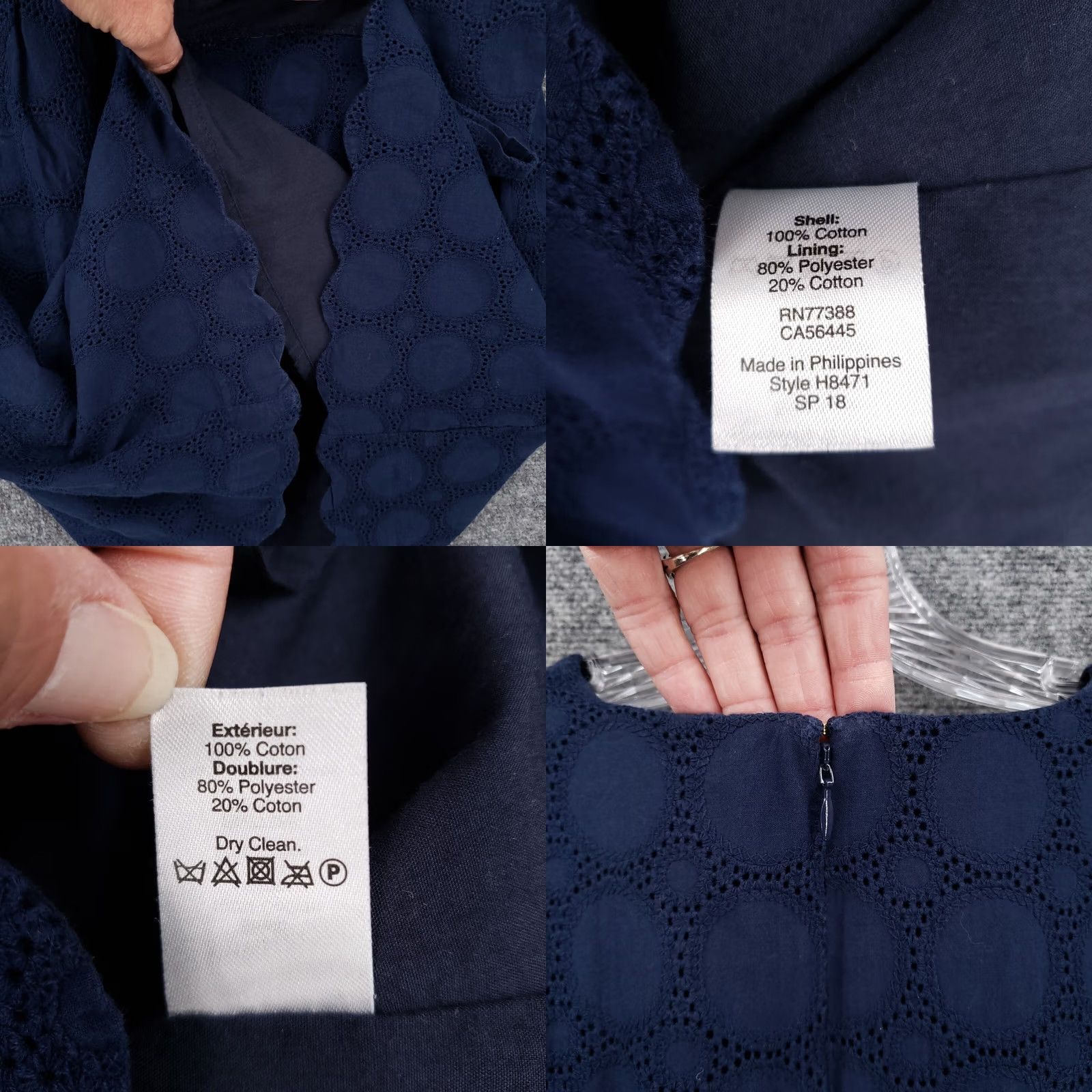 J.Crew J.CREW Dress Womens 4 Navy Blue V-Neck Lace Eyelet Knee Length Scalloped Hem Size S / US 4 / IT 40 - 8 Thumbnail