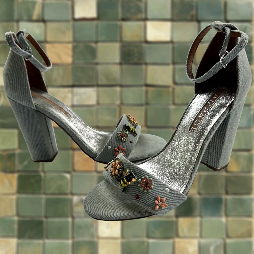 Vintage Rampage Skye Denim Bee Flower Embellished Ankle Strap Sandal Heels Size 8.5 Women Blue Strappy Heel Flower Beaded Studded Mid 2-2.9in Size US 9 / IT 39 - 1 Thumbnail