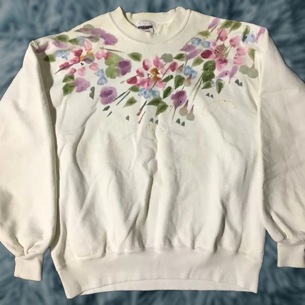 Jerzees Vtg 90s JERZEES Flowers Sweatshirt L White USA Men's Crewneck Floral 80s 90s Grunge Vaporwave Outdoors Hiking Mountains Vintage Shirt Size US L / EU 52-54 / 3 - 1 Thumbnail