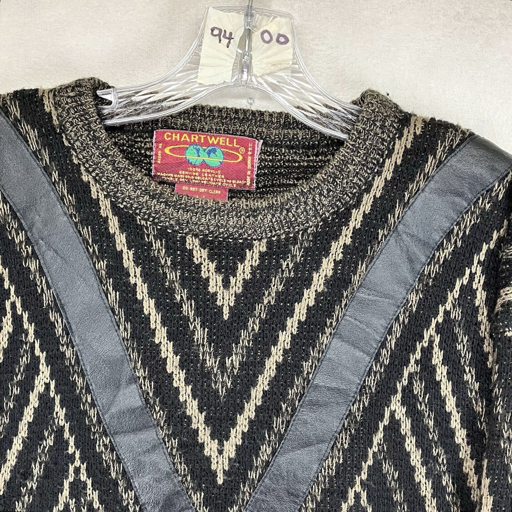 Vintage VINTAGE Cartwell Leather Acrylic Sweater Pullover Crew Neck Long Sleeve Men L Black Tan Geometric Pattern 80s 70s Bohemian Retro Size US L / EU 52-54 / 3 - 4 Thumbnail