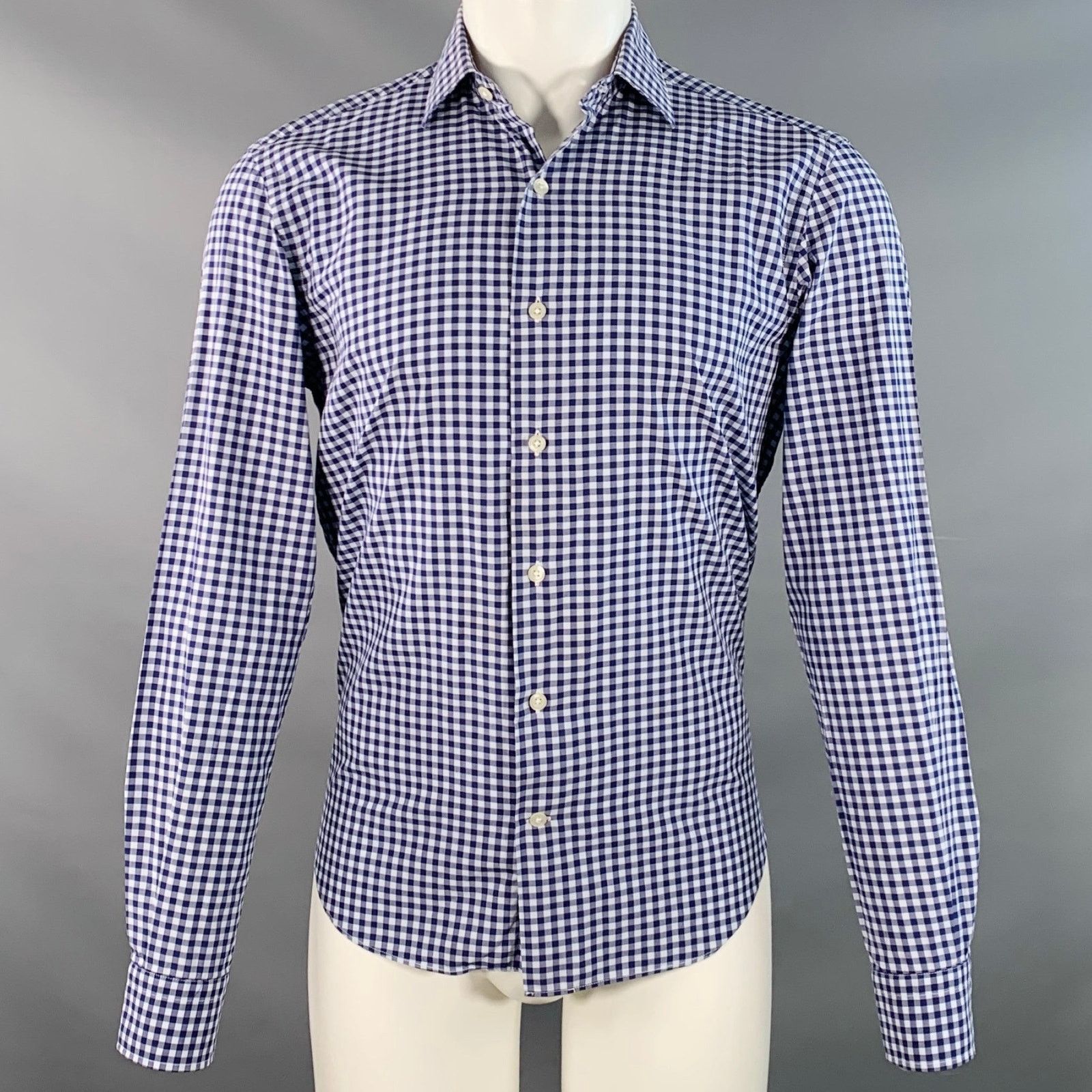 Culturata White Navy Blue Gingham Cotton Tailored Fit Long Sleeve Size US M / EU 48-50 / 2 - 1 Thumbnail