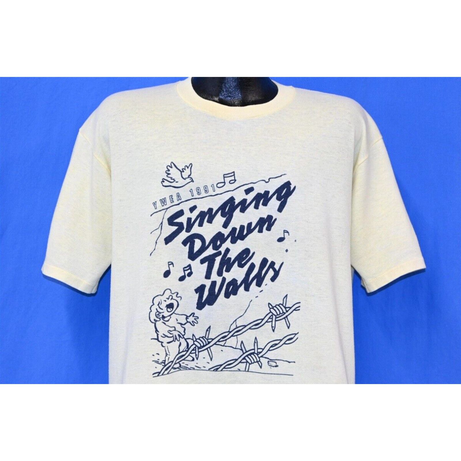 image of Jerzees VTG 90's Ywea 1991 Singing Down The Walls Youth Group Church Religion T-Shirt XL in White