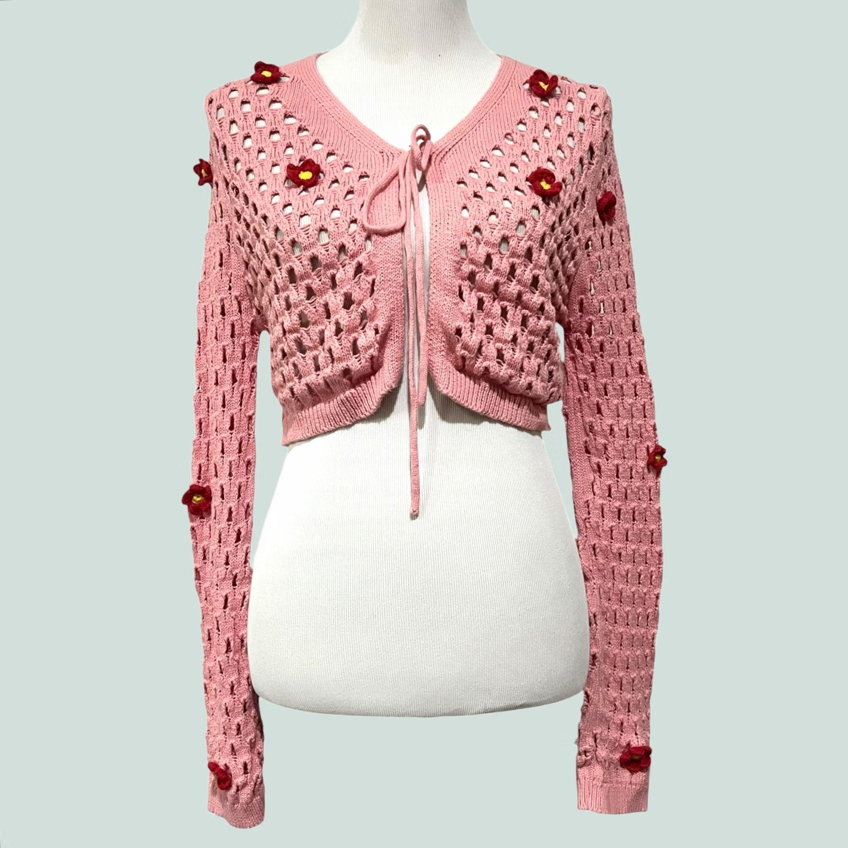 Changes VINTAGE Love Change Italy Shrug Crochet Sweater XL Tie Front Pink 3D Dimensional Flowers Size XL / US 12-14 / IT 48-50 - 1 Thumbnail
