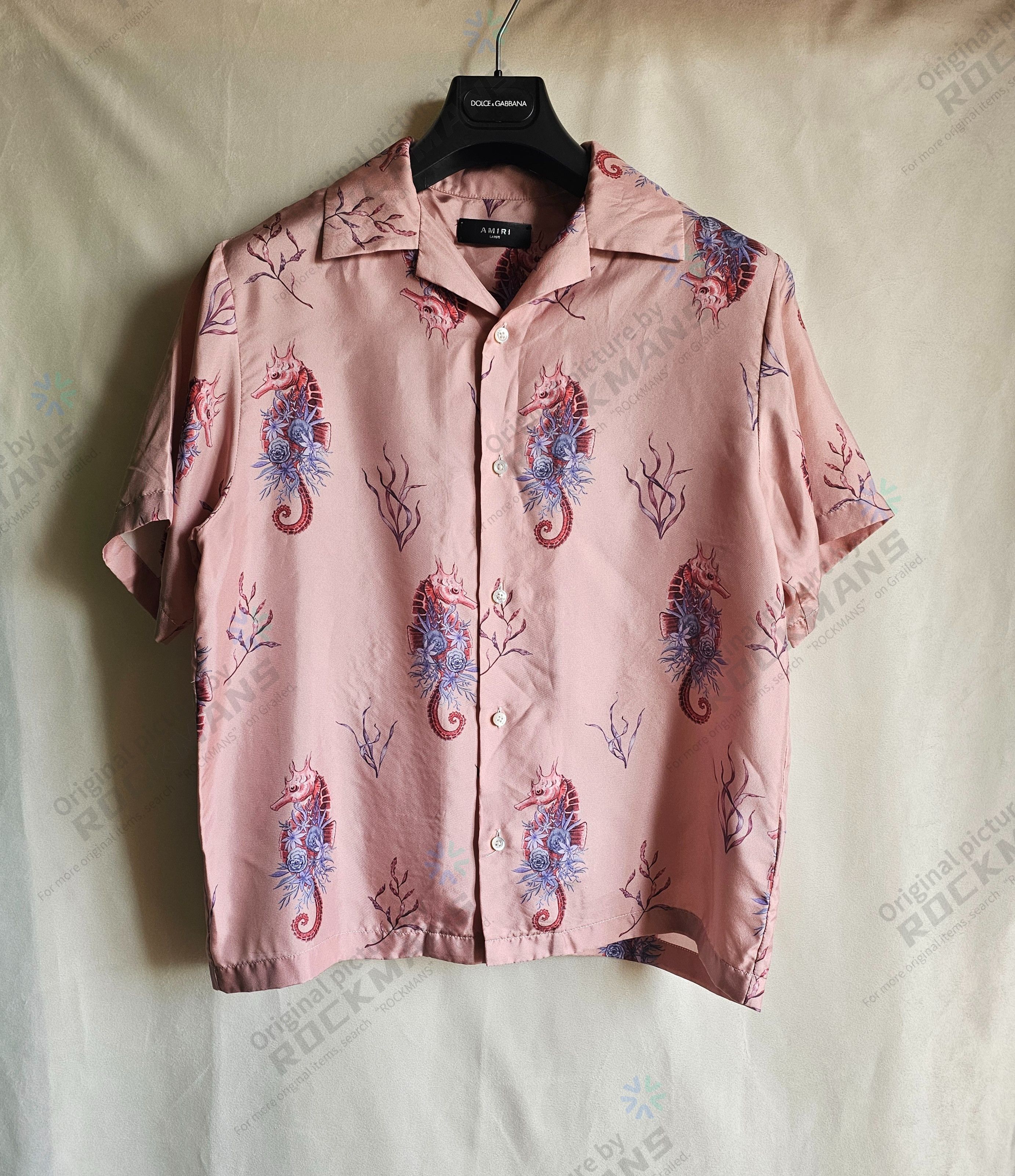 Amiri Amiri Pink Sea Horse Print Silk Short Sleeve Button Shirt L