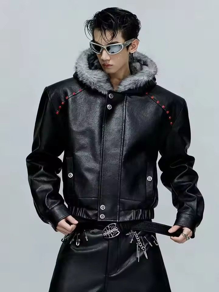 Japanese Brand Black Faux Leather Bomber Jacket with Fur Collar Size US XL / EU 56 / 4 - 9 Thumbnail