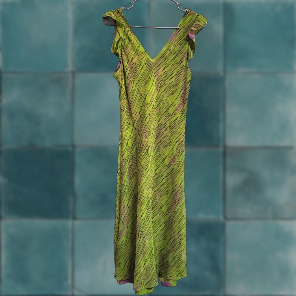 Vintage VINTAGE Chaudry Midi Dress Womens L Lime Green Print Flutter Sleeve V Neck Lined Fairycore Dress Size L / US 10 / IT 46 - 1 Thumbnail