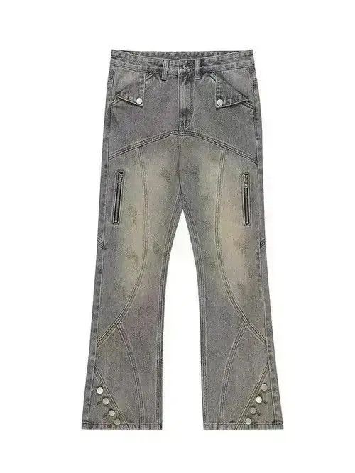 Japanese Brand Retro distressed yellow mud-dyed straight-leg zipper jeans Size US 32 / EU 48 - 4 Thumbnail