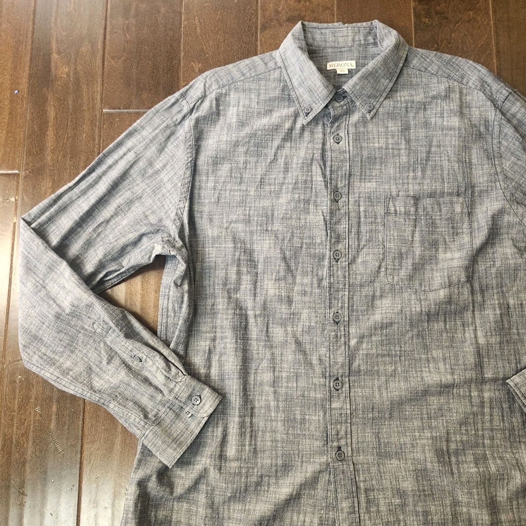 Merona Merona Button Up Shirt Mens XL Gray Chambray Long Sleeve Casual Western Pockets Breathable Solid Regular #65041 Size US XL / EU 56 / 4 - 4 Thumbnail