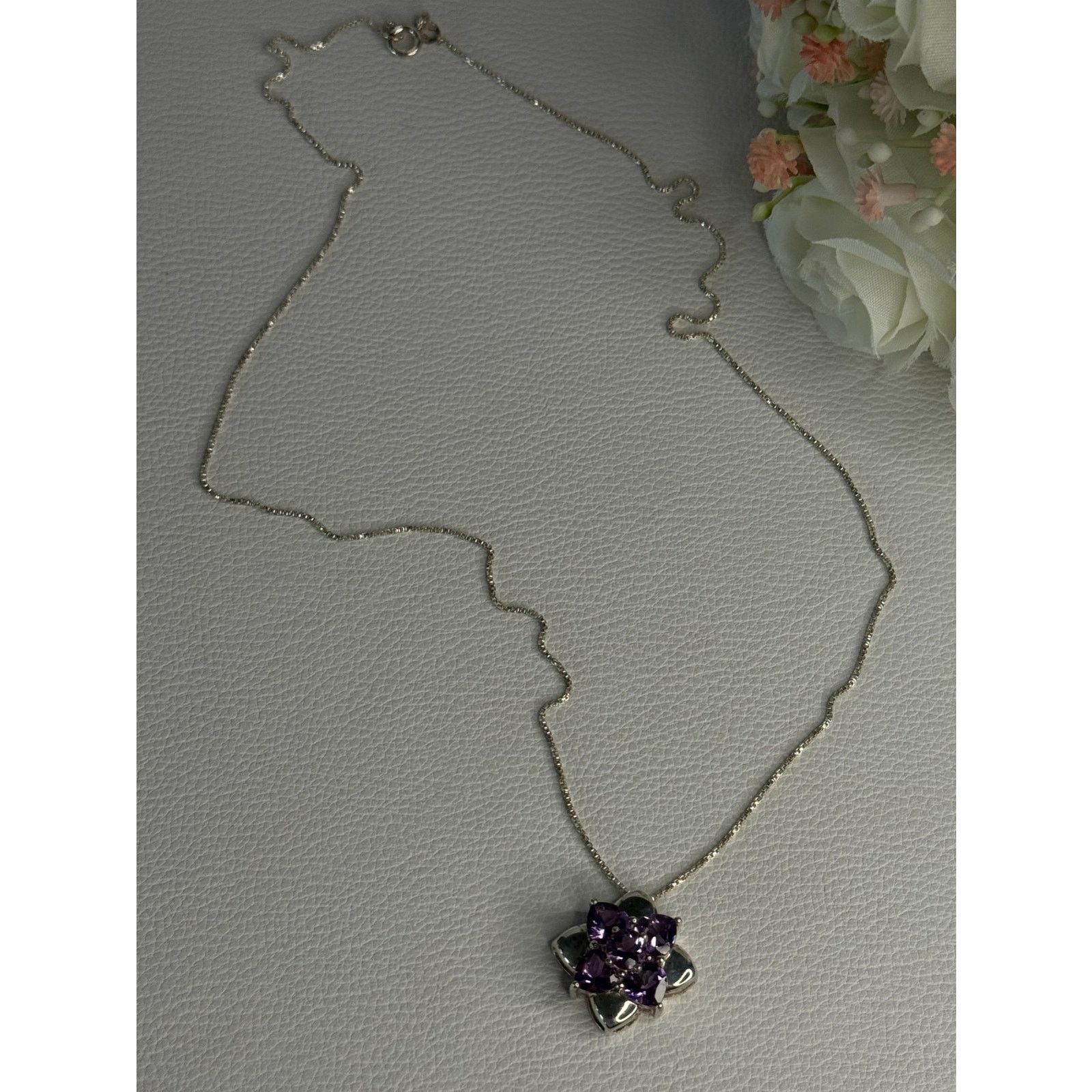 Jewelry 925 STERLING SILVER AMETHYST FLOWER NECKLACE LENGTH 20 INCH Size ONE SIZE - 3 Thumbnail