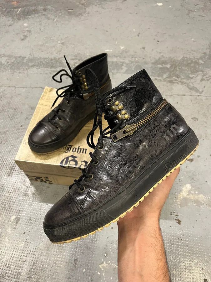 Designer × John Galliano × Vintage 2000s John Galliano Black Eroded Leather High Shoes Size US 7 / EU 40 - 1 Thumbnail