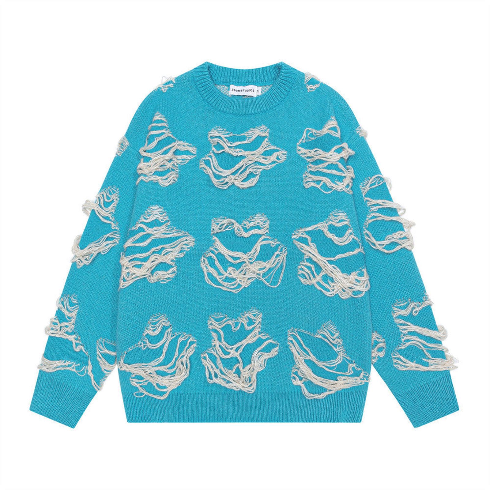 Vintage Blue Distressed Knit Sweater, Loose Fit Women's Sweater Size US M / EU 48-50 / 2 - 1 Thumbnail
