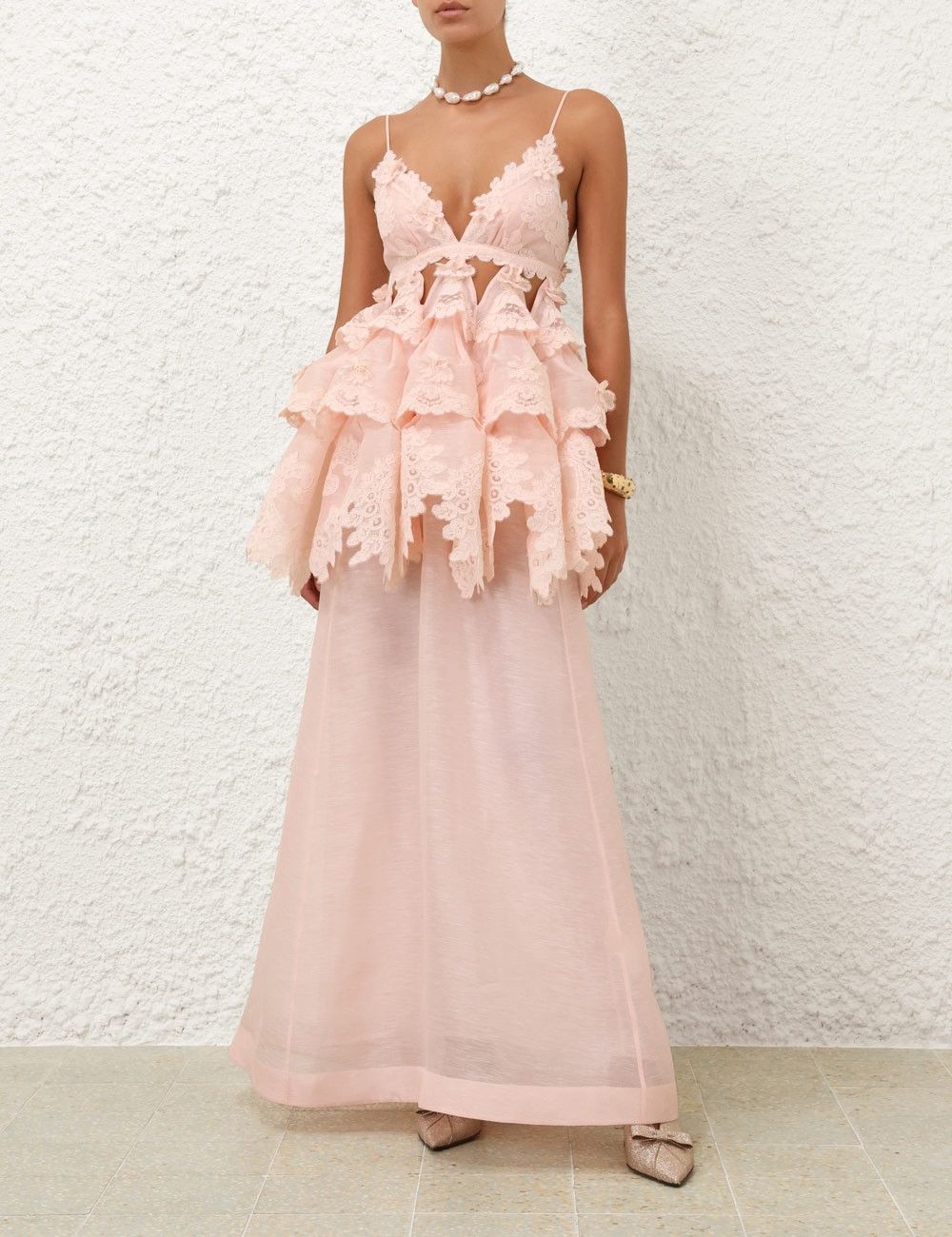 Zimmermann oc11z0925 Crush Tiered Lace Maxi Dress in Pale Pink Size M / US 6-8 / IT 42-44 - 2 Thumbnail