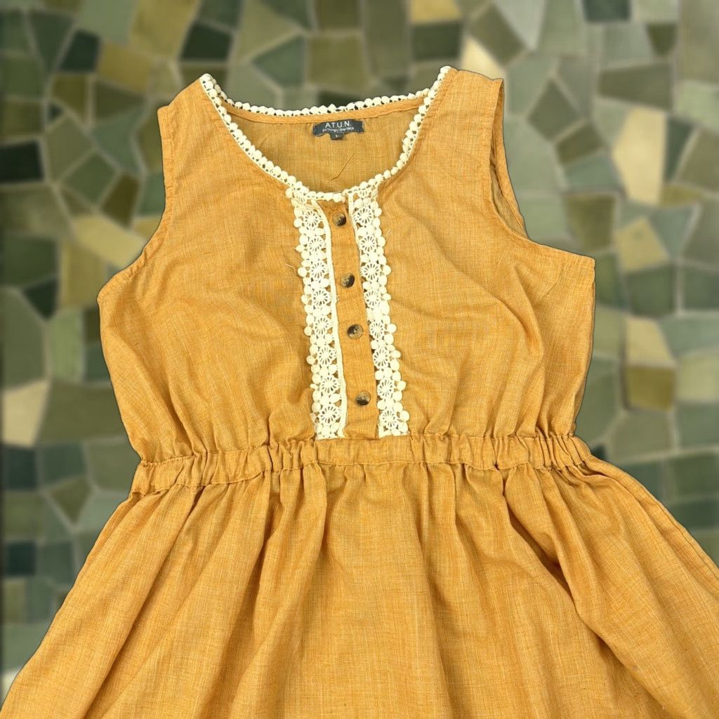 Vintage A.T.U.N. Dress Womens Large Yellow Crochet Trim Sleeveless Fit & Flare Sundress Size L / US 10 / IT 46 - 1 Thumbnail