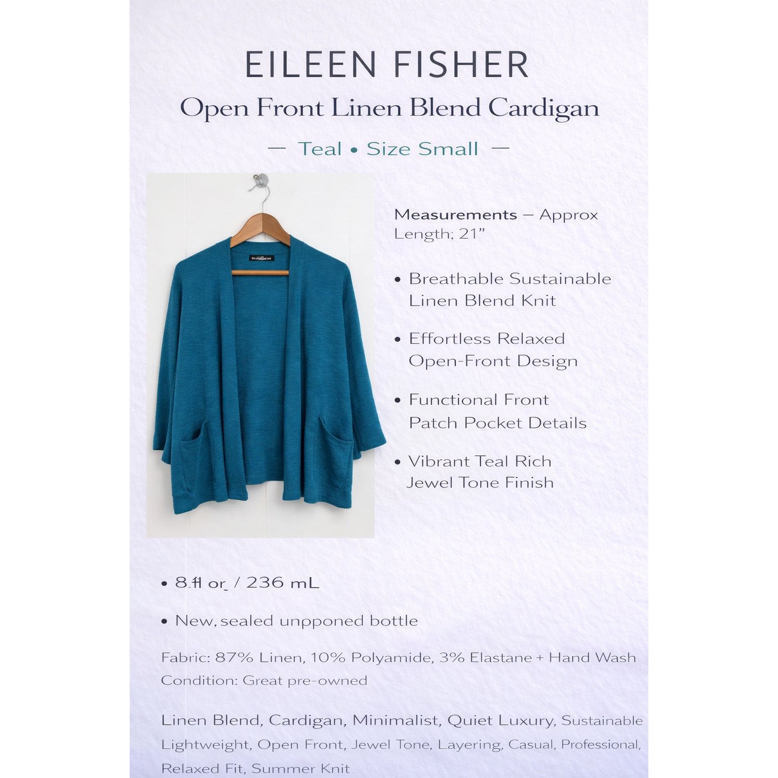 Eileen Fisher Eileen Fisher Linen Blend Open Front Cardigan Teal Small Size S / US 4 / IT 40 - 1 Thumbnail