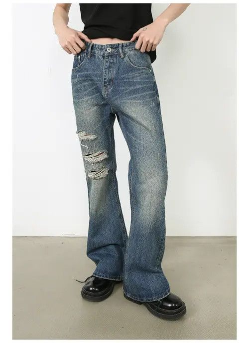 Handmade × Japanese Brand × Jean Pants Blue loose straight-leg ripped bootcut jeans Size US 32 / EU 48 - 3 Thumbnail