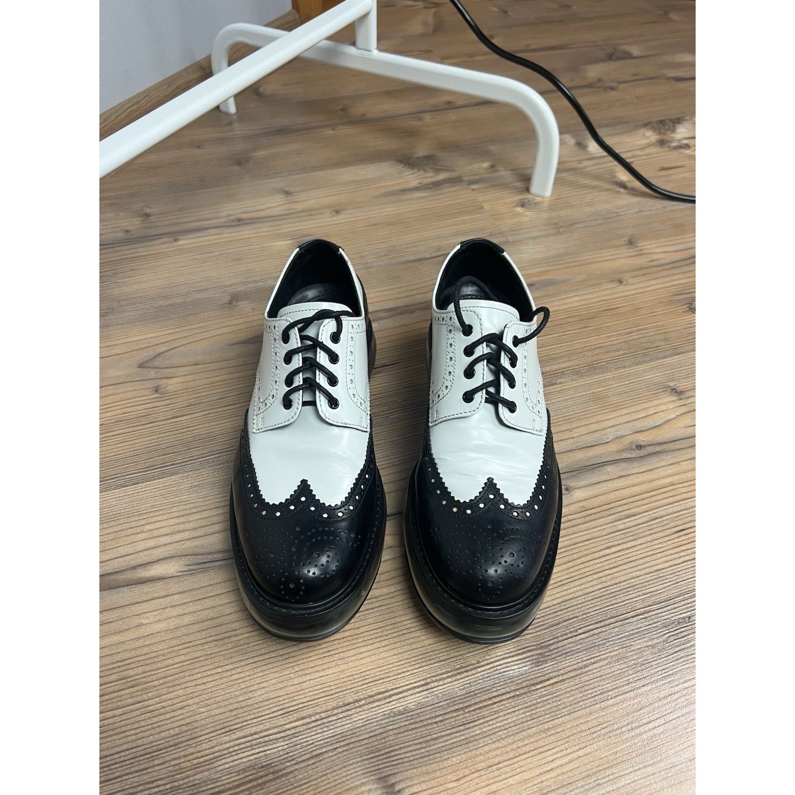 Prada PRADA Milano Women`s Black White Leather Derby Brogues Size Size US 8 / IT 38 - 6 Thumbnail