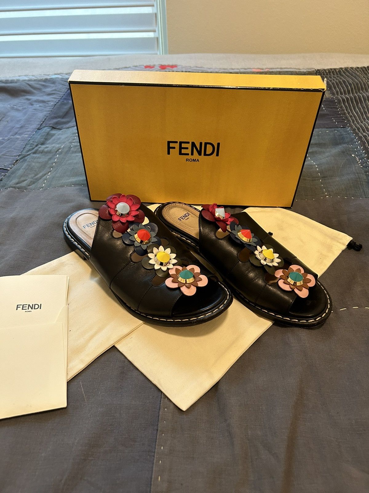 image of Fendi Flowerland Floral Appliqué Leather Mule Shoess Women’S Shoes in Black, Women's (Size 8.5)