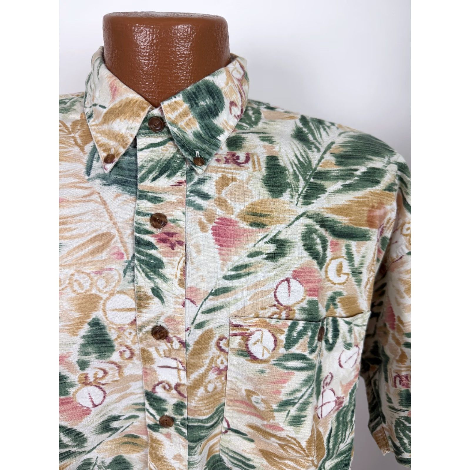 Chaps VINTAGE Chaps Shirt Men 90s Hawaiian Oxford Button-Up Short Sleeve Beige Cotton Floral Graphic Print Pocket Mens Large Size US L / EU 52-54 / 3 - 2 Thumbnail