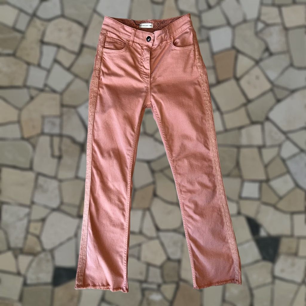 Etro ETRO Milano Jeans Flared Cotton Denim Pink 27x28 Womens Regular 5-Pocket Embroidered Zipper Button Raw Hem Stretch Bohemian Urban City Designer Size 27" / US 4 / IT 40 - 1 Thumbnail