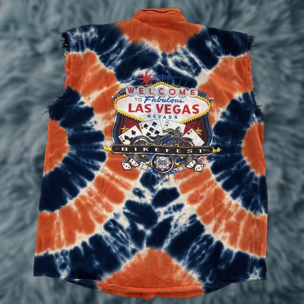 Vintage Biker Wear Shirt Damaged Tie Dye Sleeveless Las Vegas Bikefest 2013 Men 2XL Blue Orange Shirt Mens XXL Size US XXL / EU 58 / 5 - 1 Thumbnail