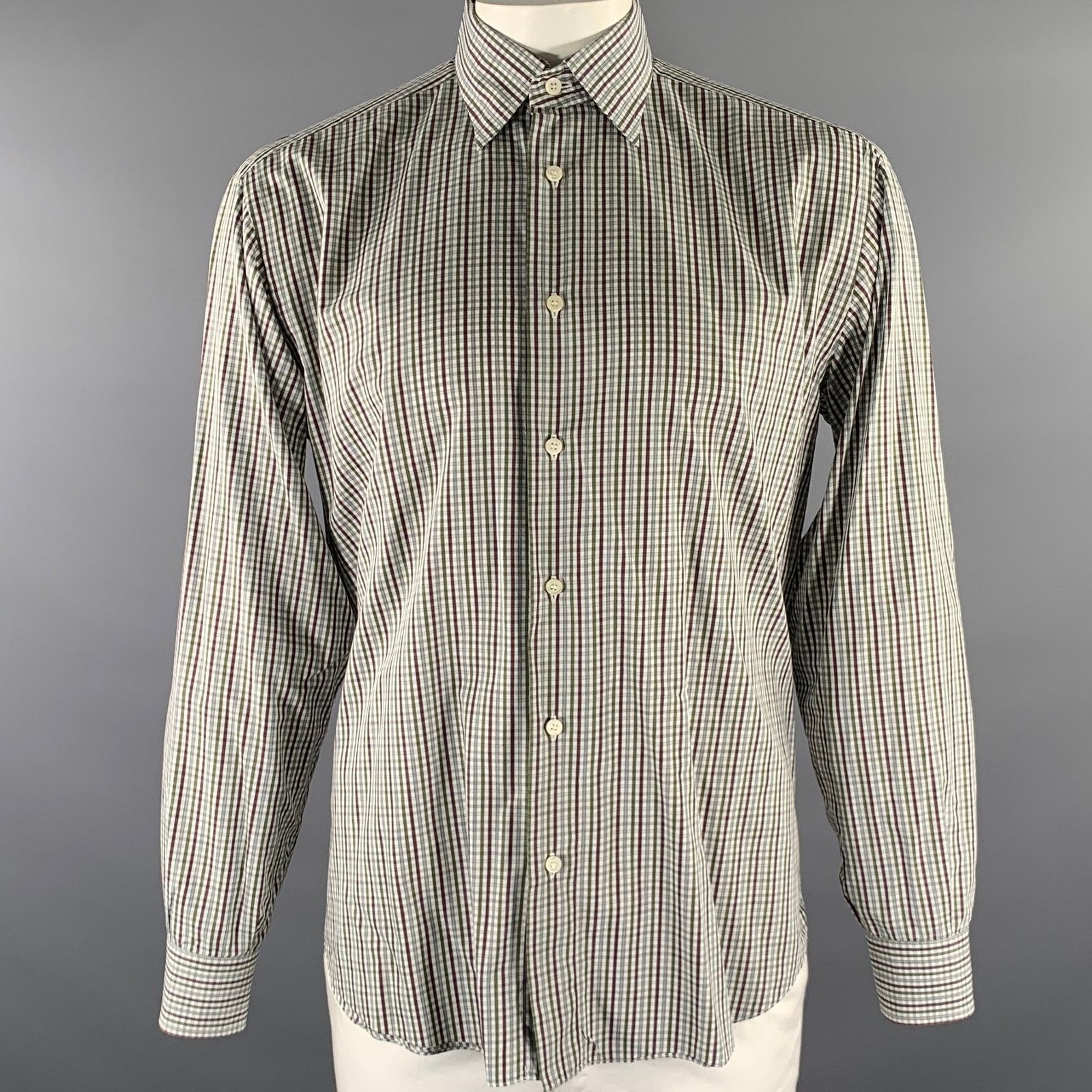 Brioni BRIONI L Green Brown Plaid Pointed Collar Long Sleeve Shirt Size US L / EU 52-54 / 3 - 1 Thumbnail