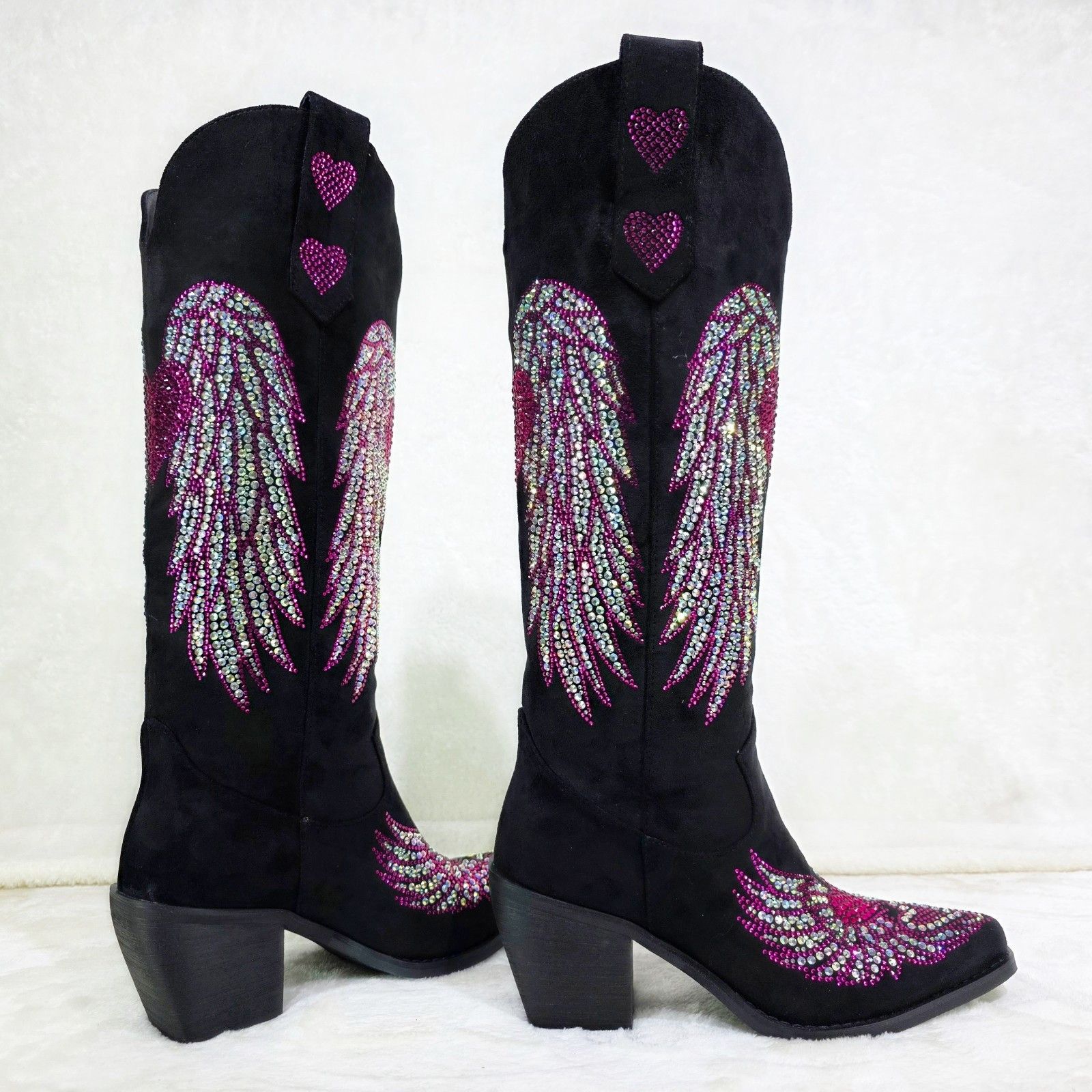 Other Angel Wings Black Hot Pink Rhinestone Country Western Cowgi Size US 12 / IT 42 - 4 Thumbnail