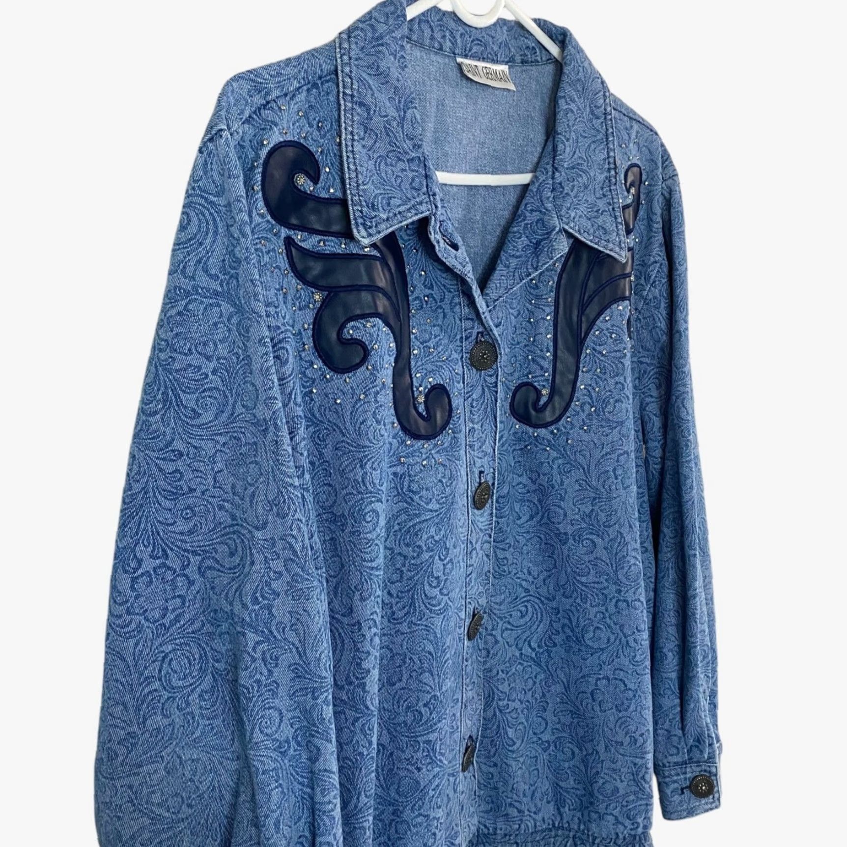 Denime VINTAGE Saint Germain Western Denim Jacket Women L Blue Floral Motif Button-Up 100% Cotton USA Womens Size L / US 10 / IT 46 - 4 Thumbnail